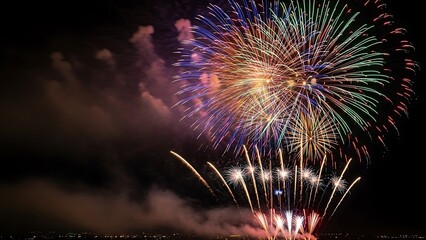 Explosive bursts of vibrant colors illuminate the night sky with a spectacular fireworks display celebrating a special occasion