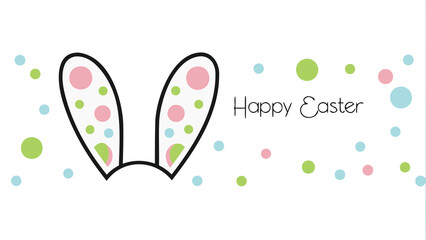 Naklejka premium Cute easter bunny ears with pastel polka dots and happy easter text on a white background with scattered confetti for festive holiday celebrations