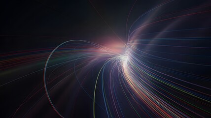 Futuristic light trail lines on black background, fast motion abstract technology concept representing speed, data, and digital design