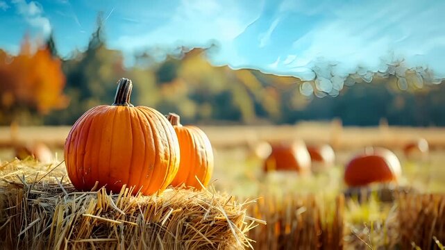 A vivid autumnal scene featuring pumpkins and hay bales in a field. The main subject is a large orange pumpkin, standing out against the backdrop of a blurred autumnal landscape.