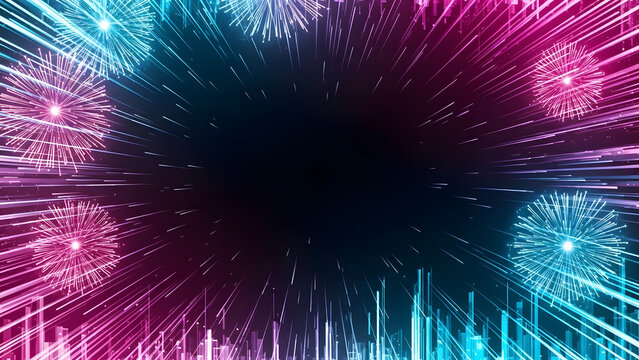 Abstract digital data stream tunnel with pink and blue light rays - Powered by Adobe