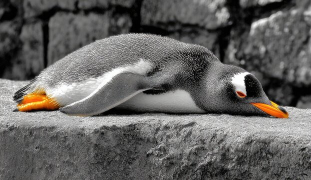 Gentoo penguin rests on a rock with an orange beak.