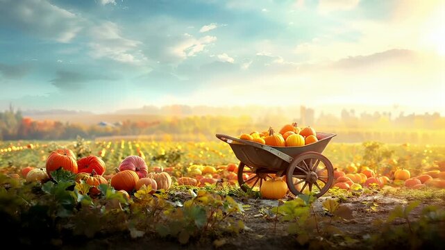 A vivid portrayal of a pumpkin patch during what appears to be the golden hour. The scene is set against a backdrop of a clear sky with a few wispy clouds.