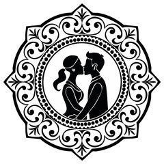 Romantic couple silhouette kissing inside an ornate round decorative frame