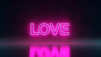 Glowing pink neon sign with the word LOVE, creating a romantic reflection on a dark background for Valentine's Day