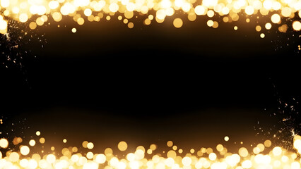 Golden bokeh lights frame on black background with space for text or image