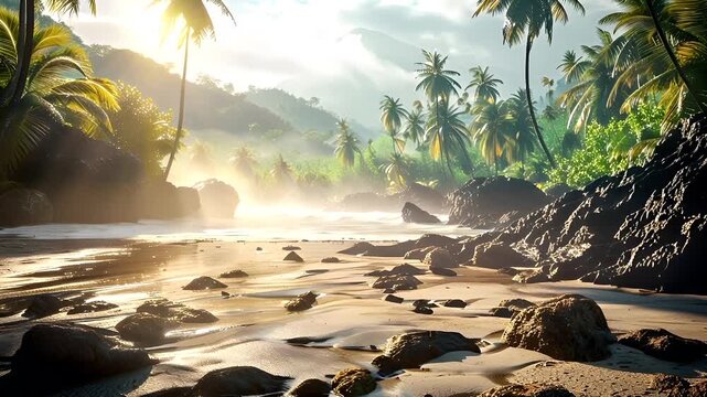 A vivid tropical beach scene captured during the golden hour. The sun casts a warm, golden hue over the landscape, illuminating the sandy shore and the lush greenery of the surrounding trees.