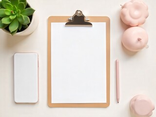Blank clipboard with paper, pen, or green sheet for business notes and documents