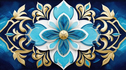 A detailed illustration of a floral ornament with gold and blue elements, creating a decorative and elegant design.