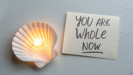 A radiant seashell with a candle and an inspirational message