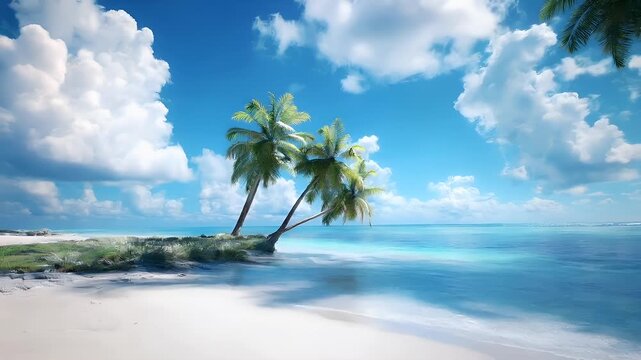 A vivid tropical beach scene with palm trees and clear blue sky. The style is realistic with a touch of digital artistry, and the coloration is rich and vibrant.