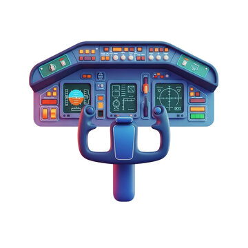 Stylized 3D render of an aircraft cockpit dashboard with a blue yoke, featuring multiple screens, buttons, and indicator lights.