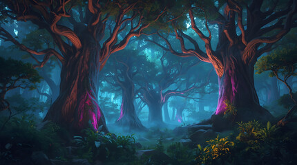 Obraz premium Mystical Glowing Bioluminescent Trees: Dark Fantasy Forest Landscape with Magical Blue and Purple Fog