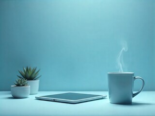 Hot coffee mug and laptop on a brown wooden table at the office for a morning break