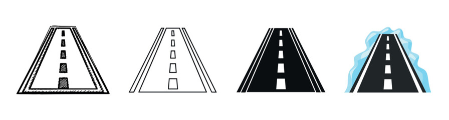 Set of four road or highway vector icons in different styles including doodle, line art, silhouette, and a winter road with snow,