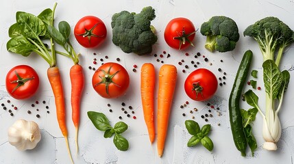 Overhead shot of fresh vegetables including tomatoes carrots broccoli and spinach on a white surface