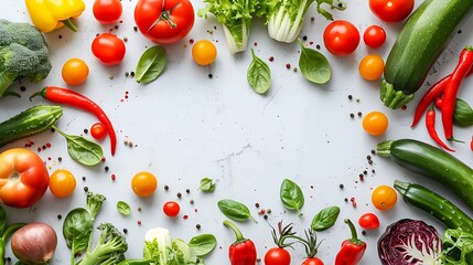 Overhead shot of fresh vegetables including tomatoes peppers and leafy greens on a light surface