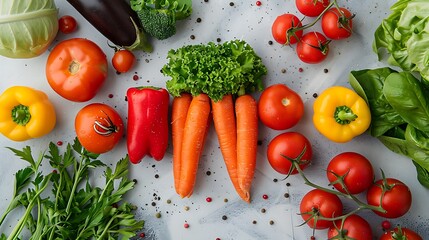 Overhead shot of fresh vegetables including tomatoes carrots and peppers on a light gray surface