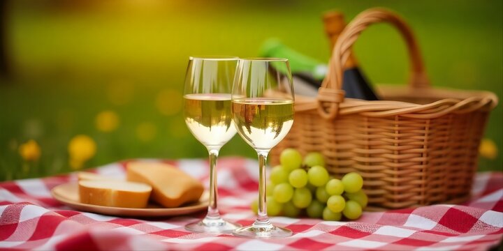 classic picnic scene featuring two wine glasses filled with a light-colored beverage, positioned near a basket overflowing with food on a checkered blanket, suggesting a relaxed outdoor meal.