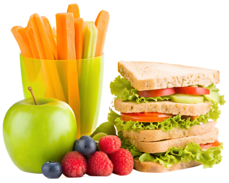 Healthy school lunch with sandwich, fruits and juice .isolated on white background - Powered by Adobe