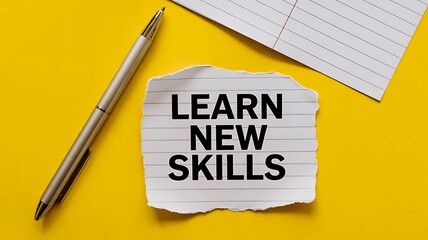 A torn piece of paper with the words learn new skills written in bold black letters placed on a bright yellow background next to a pen and a notebook