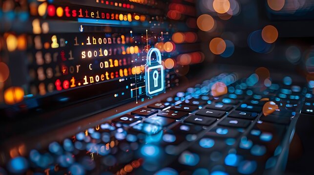 Cybersecurity concept with glowing padlock on code screen and illuminated keyboard in a blurred background