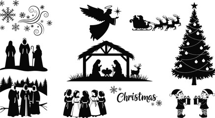Obraz premium Set of Traditional Christmas and Nativity Scene Silhouettes, Including Holy Family, Angel, Wise Men, Santa Sleigh, and Decorated Tree, Black and White Vector Illustration Collection