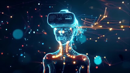 3D digital artwork of a human figure wearing a virtual reality headset, surrounded by a network of glowing lines and dots. The background is a deep blue with a bokeh effect. - Powered by Adobe