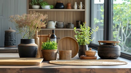 Fototapeta premium Still life of kitchenware and plants on a wooden countertop near a window with natural light shining through