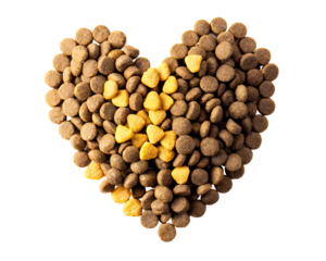 Top view overhead pet dog cat food kibble feed pellet heart shape isolated on white backgroung