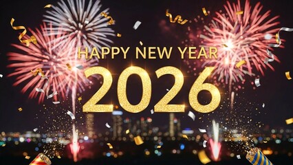 Happy New Year 2026 Celebration with Fireworks and Confetti over City Skyline