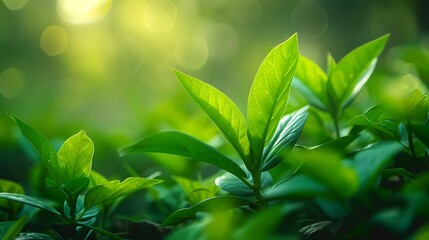 Close up of vibrant green leaves with sunlight filtering through the foliage in a lush garden scene