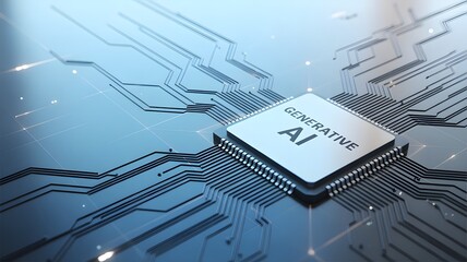 Generative AI microchip concept – futuristic artificial intelligence integrated circuit, neural network processing and digital technology innovation
