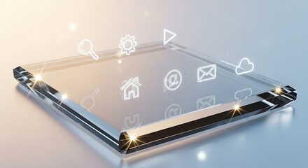 Transparent device displaying digital icons representing technology and communication in a futuristic style