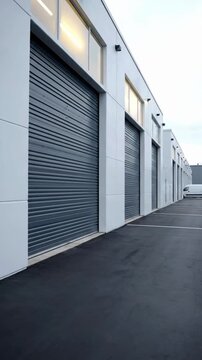 Modern industrial garage doors in a commercial setting