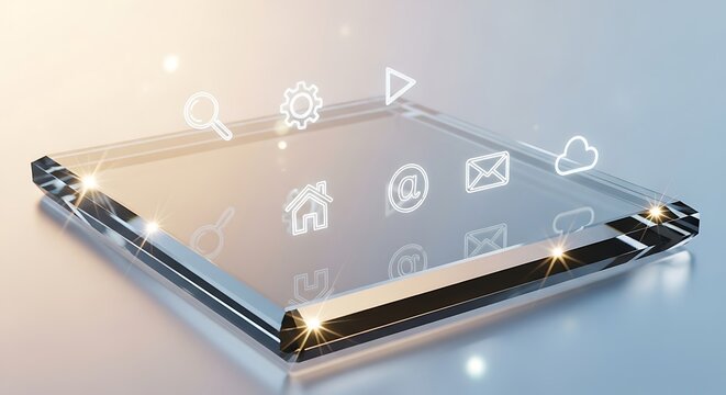 Transparent device displaying digital icons representing technology and communication in a futuristic style