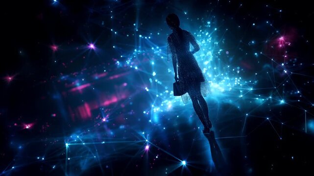 A digital artwork featuring a silhouette of a woman against a cosmic backdrop. The woman is adorned in a shimmering, sequined dress that drapes elegantly around her, and she carries a handbag.