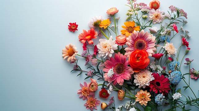 Assortment of colorful flowers arranged on a light blue background with copy space on the left side - Powered by Adobe