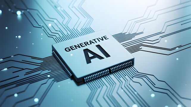 Generative AI microchip concept – futuristic artificial intelligence integrated circuit, neural network processing and digital technology innovation