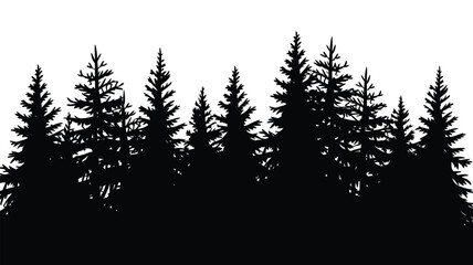 Obraz premium Silhouette of Fir Trees Forming a Forest Landscape Scene on White Background, Minimal Evergreen Woodland Outline for Nature Design Elements in Clean Vector Illustration