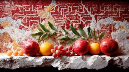 Still life of various fresh fruits including pomegranates, grapes, and oranges arranged on a stone ledge, with an ancient wall background.