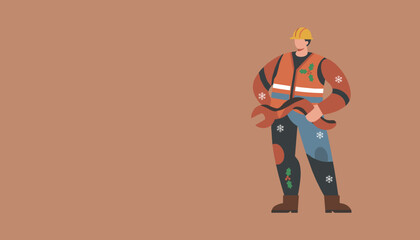 Dedicated worker holding a wrench wearing festive safety gear with snowflakes and holly Vector illustration