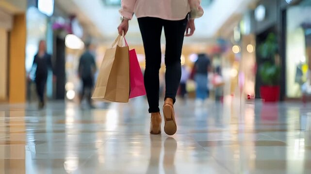 Holiday shopping season. Retail business promotion concept. woman walking with shopping bags in mall corridorwoman in pink blouse and black pants with beige shoes walking on tiled floor.