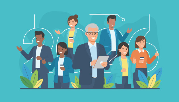 Diverse team of professionals illustrating teamwork leadership and business success