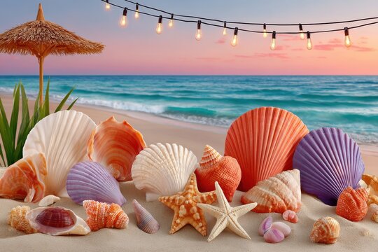 Colorful seashells and starfish on sandy beach at sunset with string lights and tropical charm