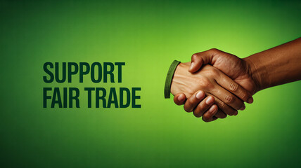 Two hands shaking in a gesture of support for fair trade, with the text "SUPPORT FAIR TRADE" on a green background.