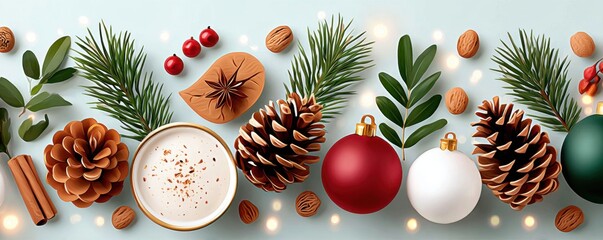 Festive pine cones and greenery arranged for a bright Christmas flat lay scene