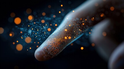 Close-up of a finger touching a swarm of digital particles, creating a futuristic and technological atmosphere against a dark background.