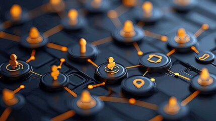 Abstract image of a network with interconnected icons representing people and data, symbolizing connection and communication.