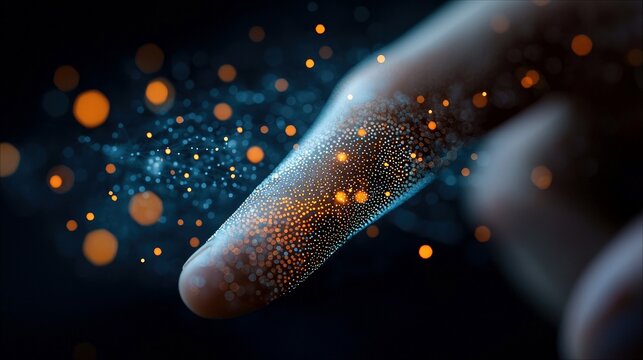Close-up of a finger touching a swarm of digital particles, creating a futuristic and technological atmosphere against a dark background.